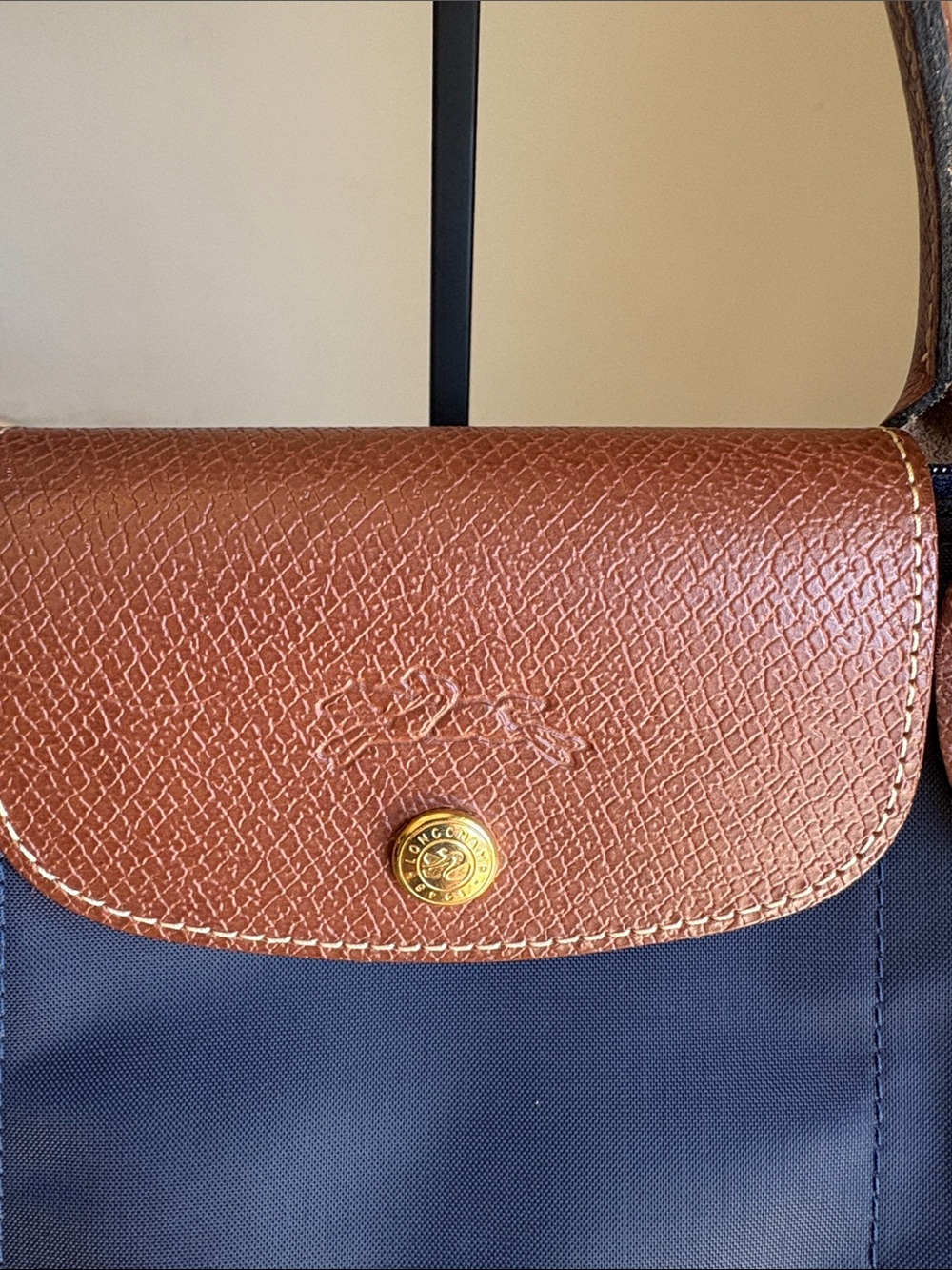 Longchamp Navy and Brown Small Le Pliage Top-Handle Tote - Picture 2 of 8